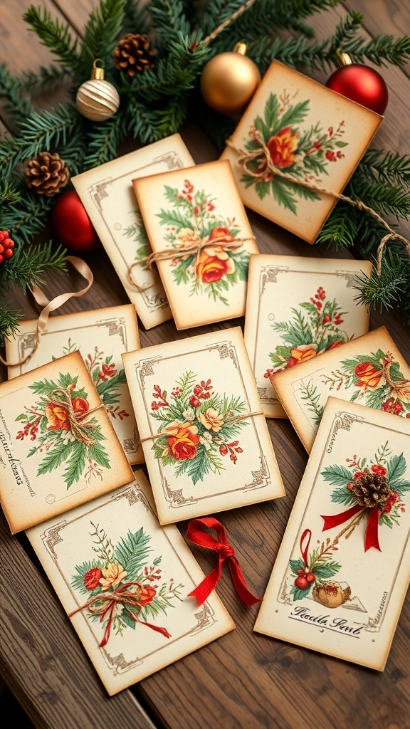 A variety of DIY vintage Christmas cards with decorative papers and embellishments on a wooden table.
